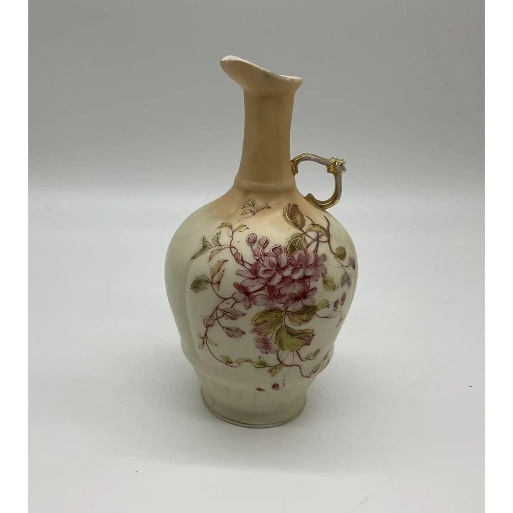 Vintage Hand‎ Painted Porcelain Ewer Vase Floral Gold Handle 7in Decor Art